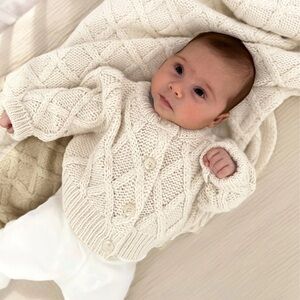 PINK CHICKEN Cream Knit Baby Sweater and Blanket Set - LIKE NEW